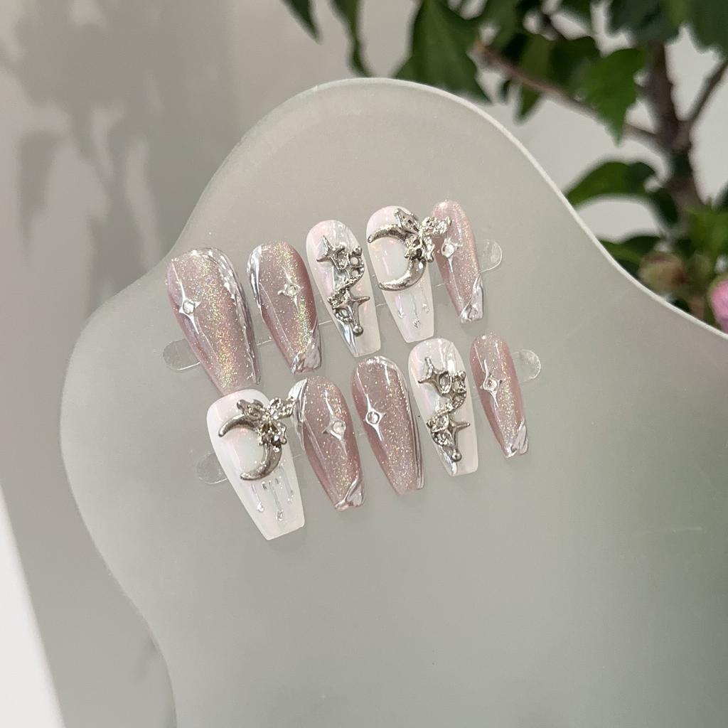 Quick Nails Cat's Eye Handmade Wearing Nails, Moon Stars, Nail Art, Big Diamonds, Wearing Bridal Nail Stickers, Press On Nails