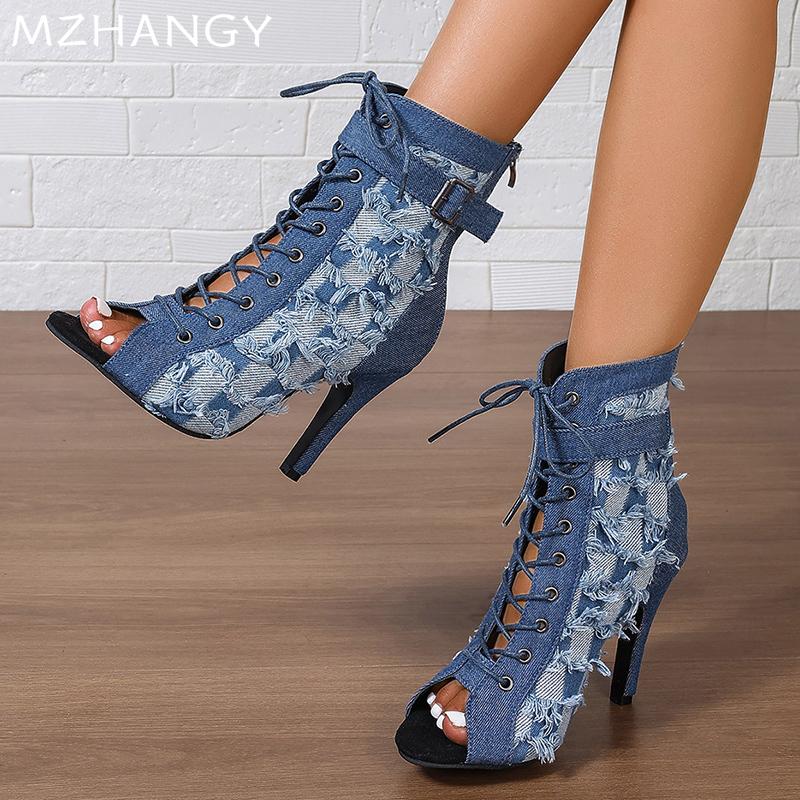 Ковбойские женские ботильоны с открытым носком, высокие каблуки, сексуальные туфли, модные туфли-лодочки с острым носком, тренд осени 2024 года, платье со шнуровкой, Botas Mujer