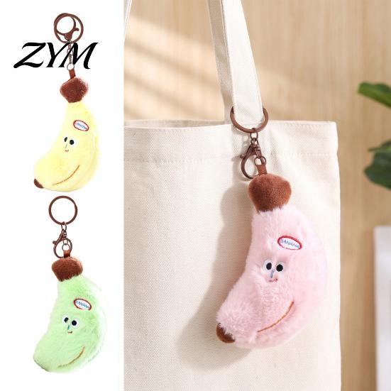 Small Banana Pendant Cute Plush Keychain, Soft Stuffed Fruit Shape Backpack Accessory with Embroidered Face, Cartoon Bag Charm for Kawaii