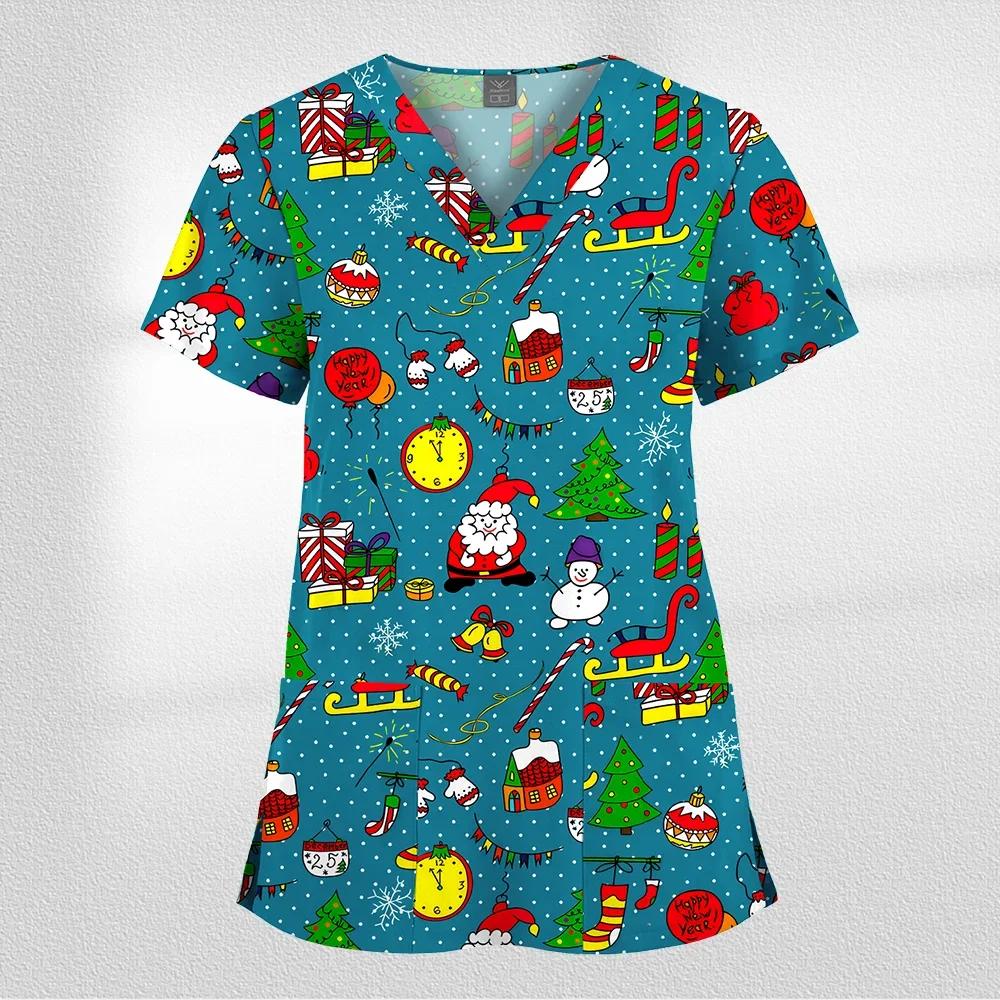 Women Working Uniform Cartoon Animal Print Short Sleeve V-neck T-shirt Tops Femme Blouse Nurse Work Wear Size XXS-6XL