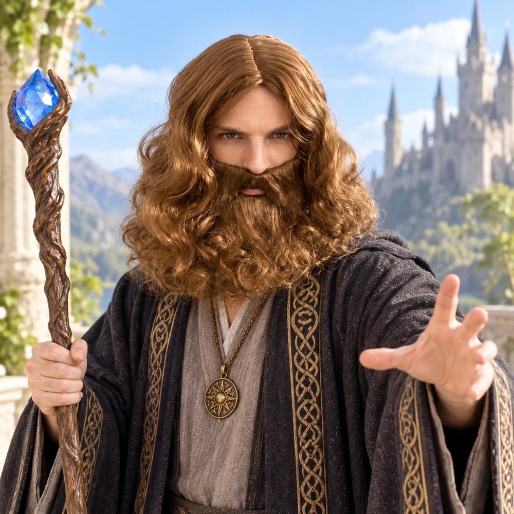 2pcs Natural Curls Curly Hair and Thick Long Beard Realistic Wizard Cosplay Set Role-Playing