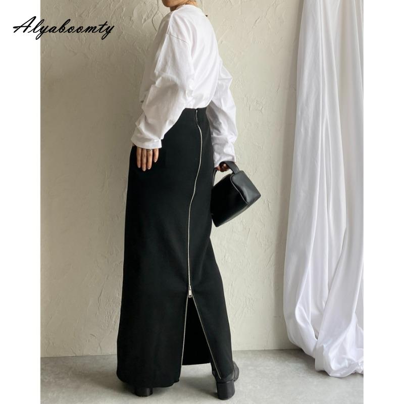 Корейская Мода Осень Зима Женская Стильная Макси Длинная Юбка С Завышенной Талией Черная Вязаная Юбка на Молнии С Разрезом Вязаная Женственная Классическая Юбка Женская