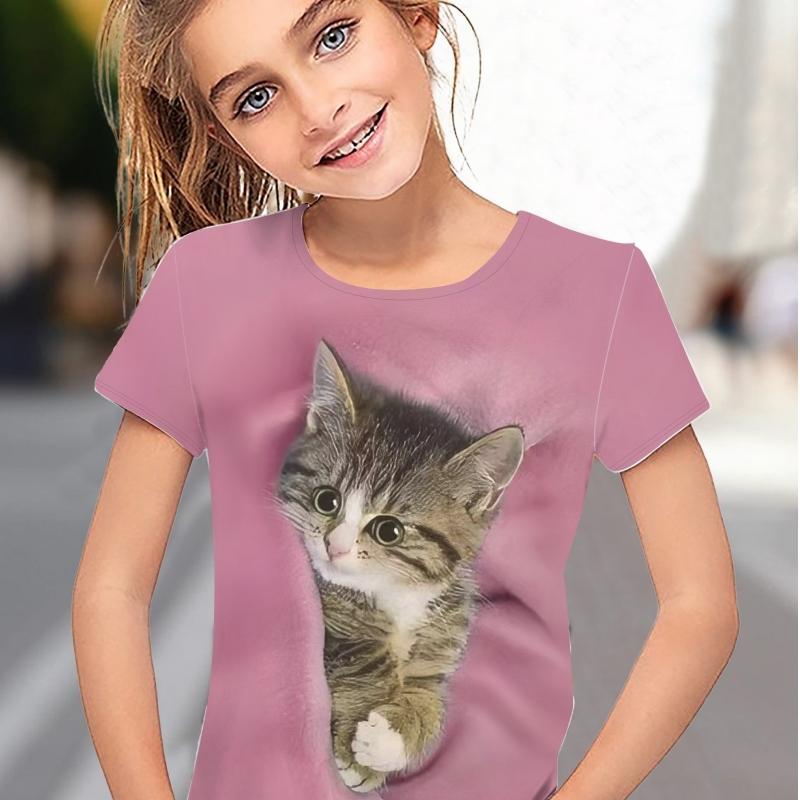 Детская одежда Футболка для девочек с коротким рукавом 3D принт с изображением мультяшного кота Детская летняя одежда Модная милая одежда для девочек Топы из полиэстера