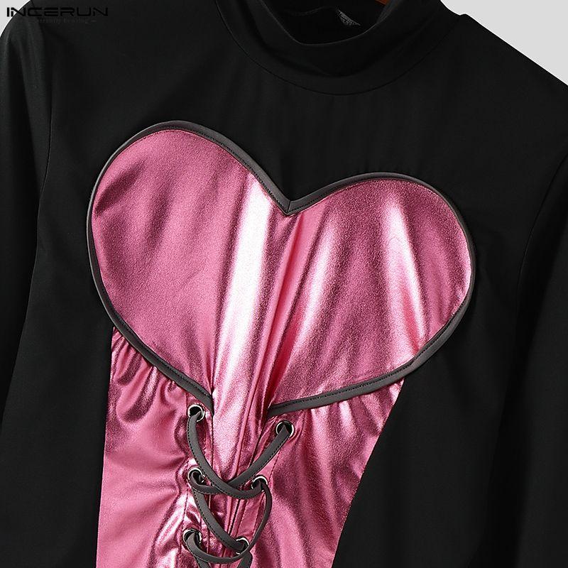 INCERUN Мужские топы и футболки с высоким воротником, длинным рукавом, бандажным дизайном, ПУ-вставками, в стиле кэжуал, укороченные