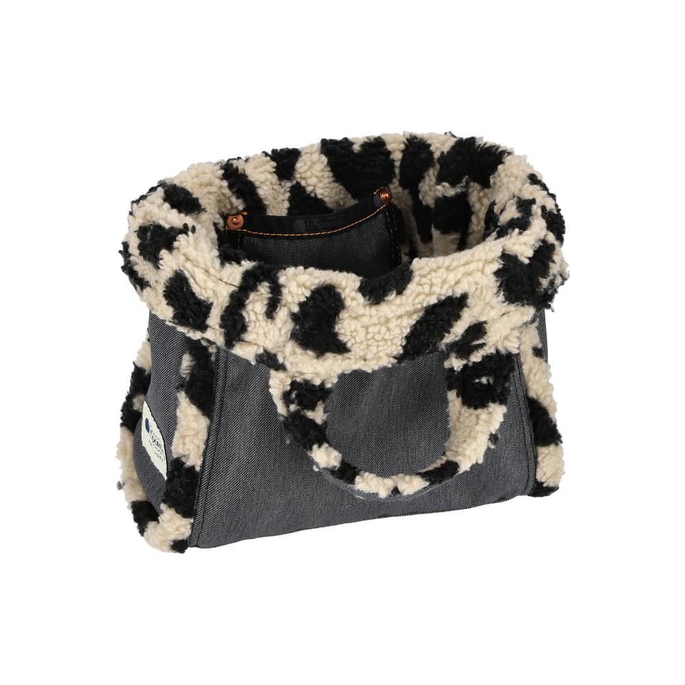 Lesportsac Черная джинсовая/леопардовая шерпа Маленькая двухсторонняя джинсовая сумка-тоут [1559.La80]
