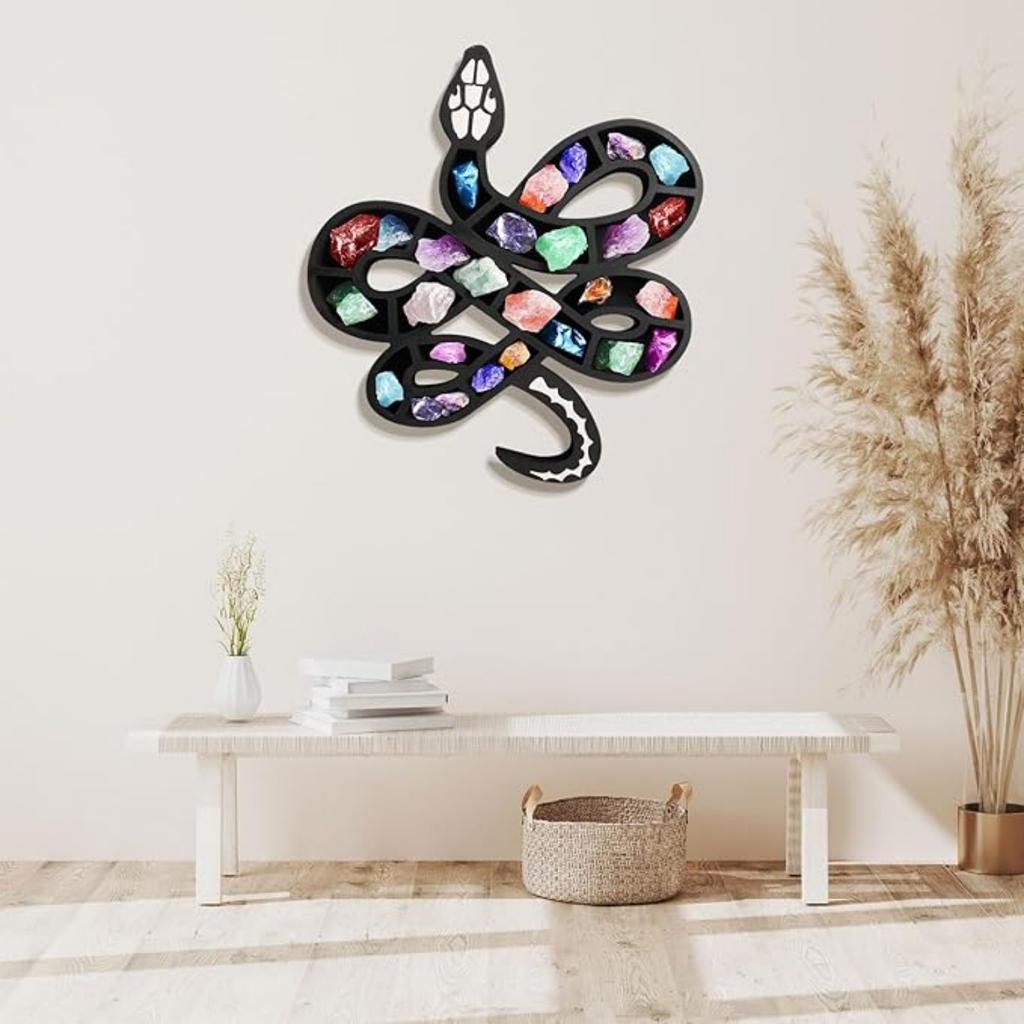 Wooden Floating Shelf Snake Design Unique Room Decor Crystal & Rock Display Shelf, Floating Wall Shelves for Rocks, Crystals, Oils, Stones, Plants