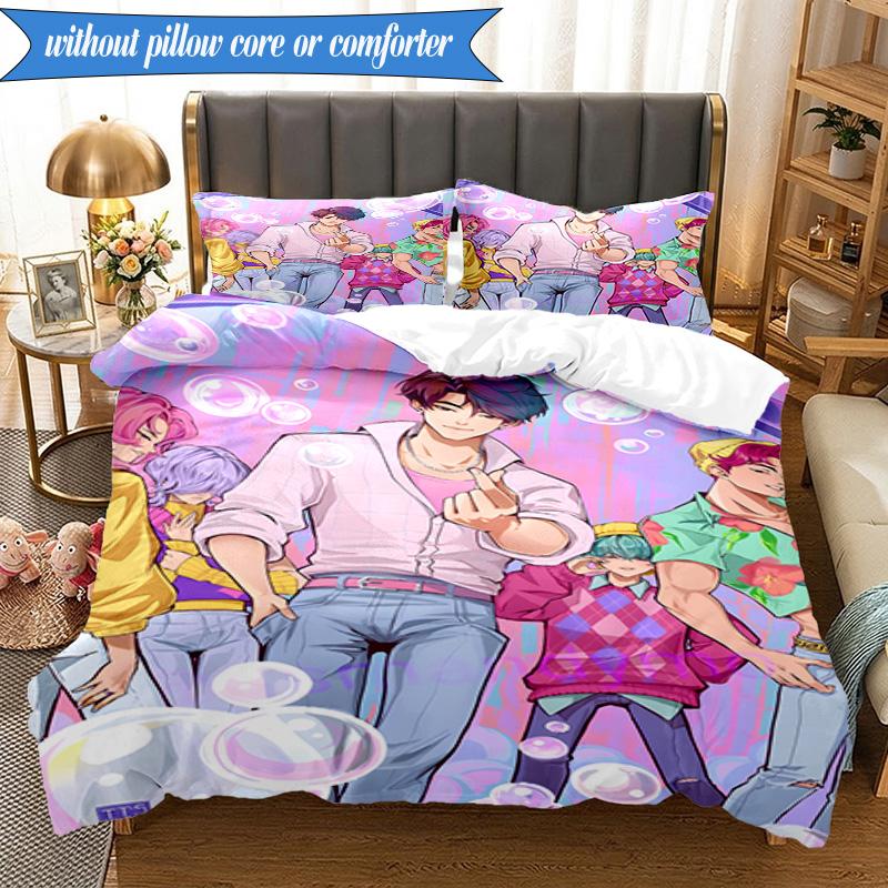Colorful Kpop cartoon 3pcs K-pop music group Bedding set,Ideal for Bedroom, Dormitory,Including Duvet Cover And 2pcs Pillowcases,Fan gifts