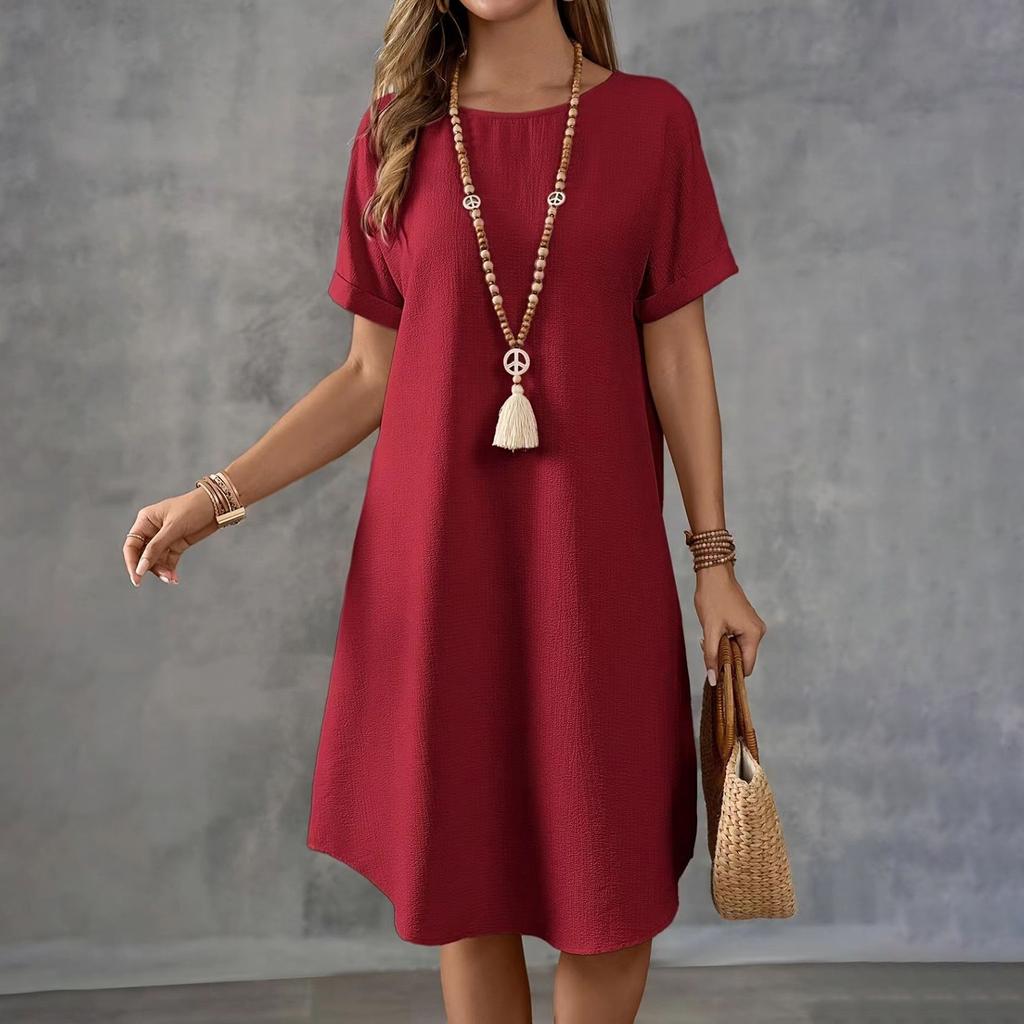 Женское летнее повседневное однотонное платье с круглым вырезом и коротким рукавом средней длины свободного покроя