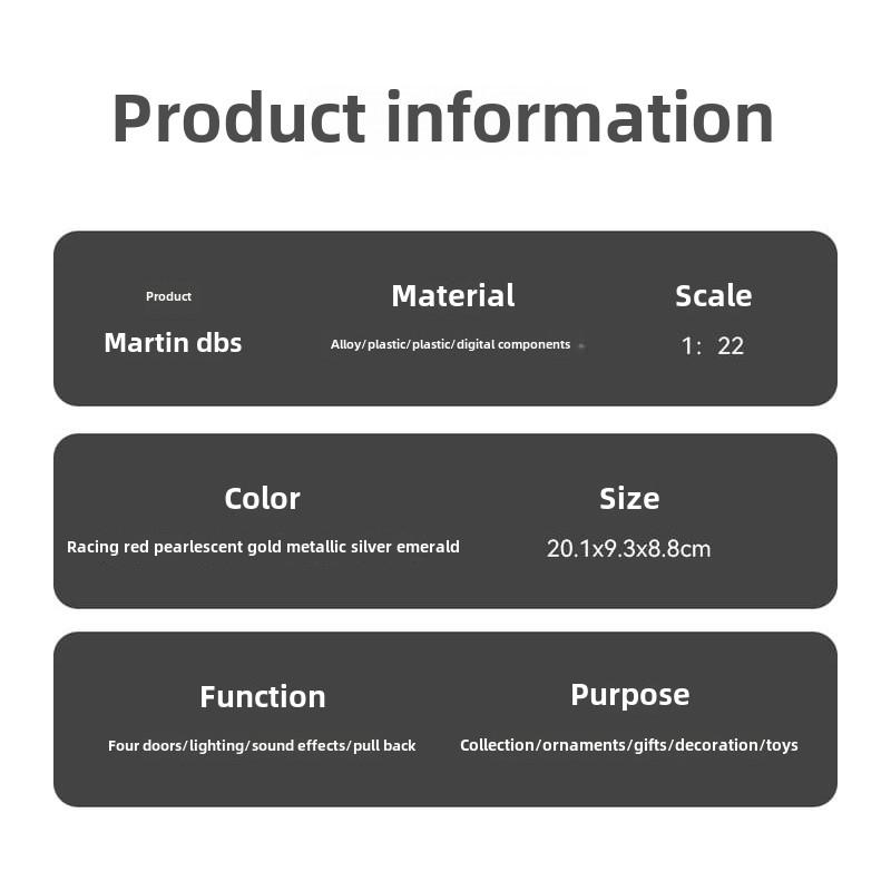 Diecast 1:24 Alloy Model Car Miniature Martin DBS Supercar Children Collectible Birthday Gift Metal Vehicle Boys Gift Hot Selling Toys