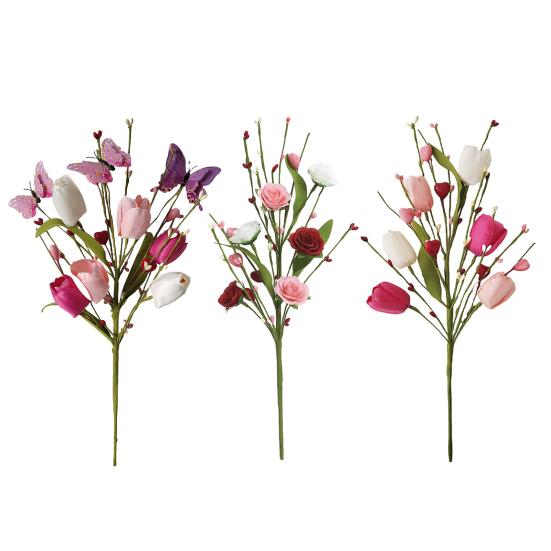 Valentine's Day Artificial Flower Faux Silk Tulip Stem with Pink White Red Heart Berries for Vase Centerpiece Wedding Home Decor