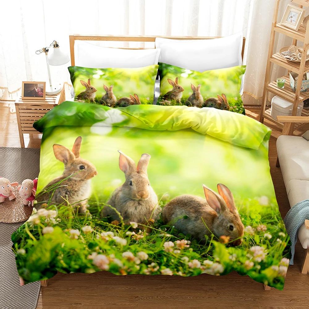 3D Постельное белье с кроликом Комплект пододеяльника с наволочкой Двуспальный Полуторный Двуспальный Кинг Постельные принадлежности Пододеяльник