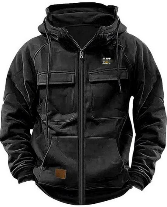 Мужское худи с кожаной нашивкой и множеством карманов для осени/зимы – толстовка в европейском и американском молодежном стиле