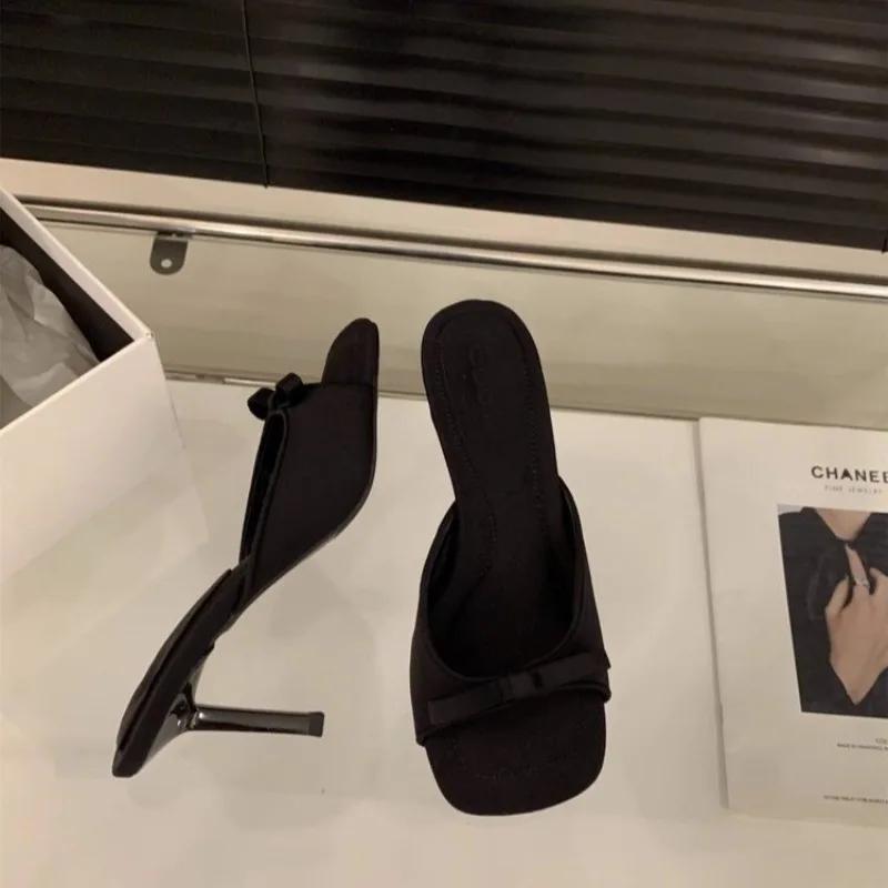 Модные Шлепанцы-Мюли Обувь на Низком и Высоком Каблуке Летние Однотонные Женские Квадратный Носок Открытый Носок Ремешки с Бантом Сандалии Женские Шлепанцы на Каблуке