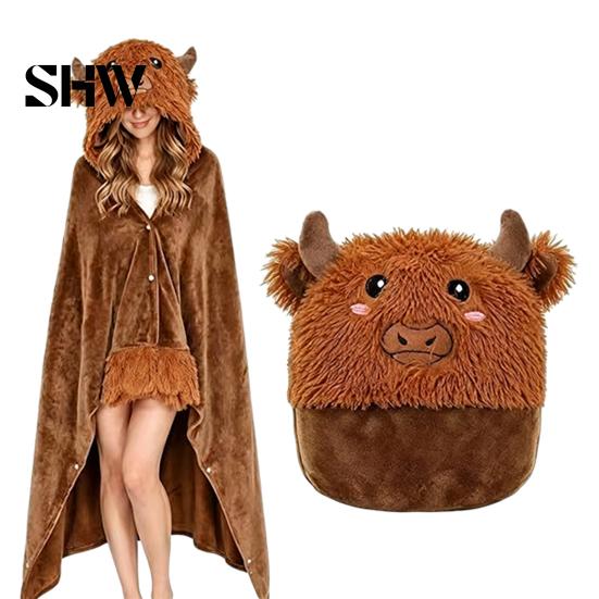 Animal Themed Blanket Wearable Hoodie, Adults Oversized Fleece Sweatshirt Unisex Lounging Sleepwear, Halloween Cosplay Costume Plush Hooded Cape Shawl