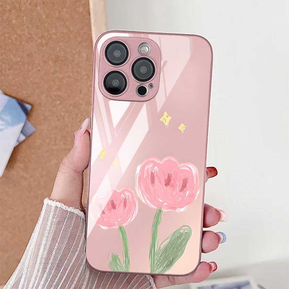 Милый Цветочный Чехол Для Телефона iPhone 17 14 15 13 11 12 16 Pro Max 17 Air 16E SE XR 7 8 Plus Закаленное Стекло Ударопрочный Бампер