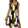 Geo Print Crew Neck Tank Dress, Casual Sleeveless A-line Dress For Spring & Summer, Women's Clothing