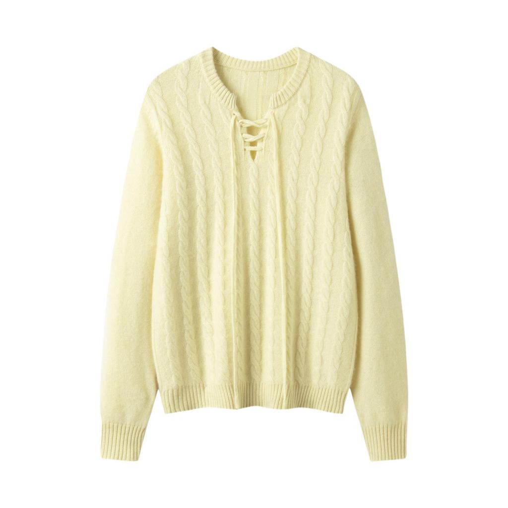 Lekasha Women's Cashmere Cable Knit Base Layer - Autumn/Winter, Seven-Gauge, Lace-Up, Loose Fit, Thick Round Neck.
