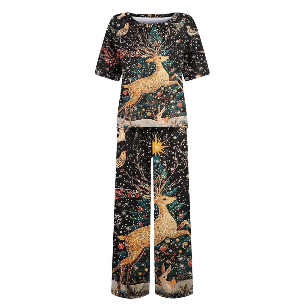 Женский шелковый атласный пижамный комплект с рождественским принтом, рубашка с коротким рукавом и длинные пижамные штаны, мягкая домашняя одежда