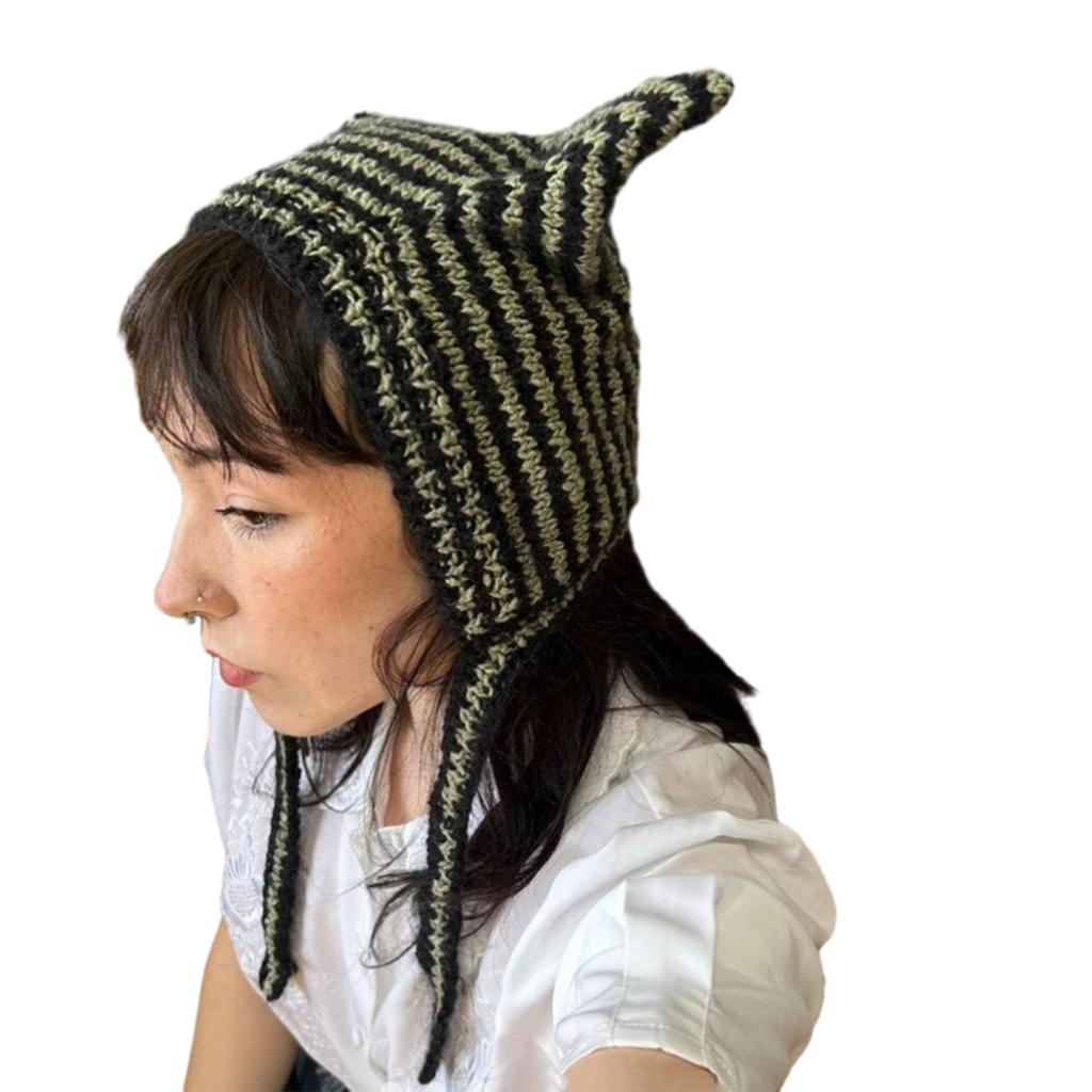 Cat Ear Beanie Hat for Women Harajuku Style Star/Stripe Skull Hat Handmade Crochet Hat Y2K Cool Girls Warm Headpieces