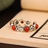 Adjustable Open Ring Women Men Vintage Copper Coin Design Boho Statement With Red Agate Or Jade Inlay