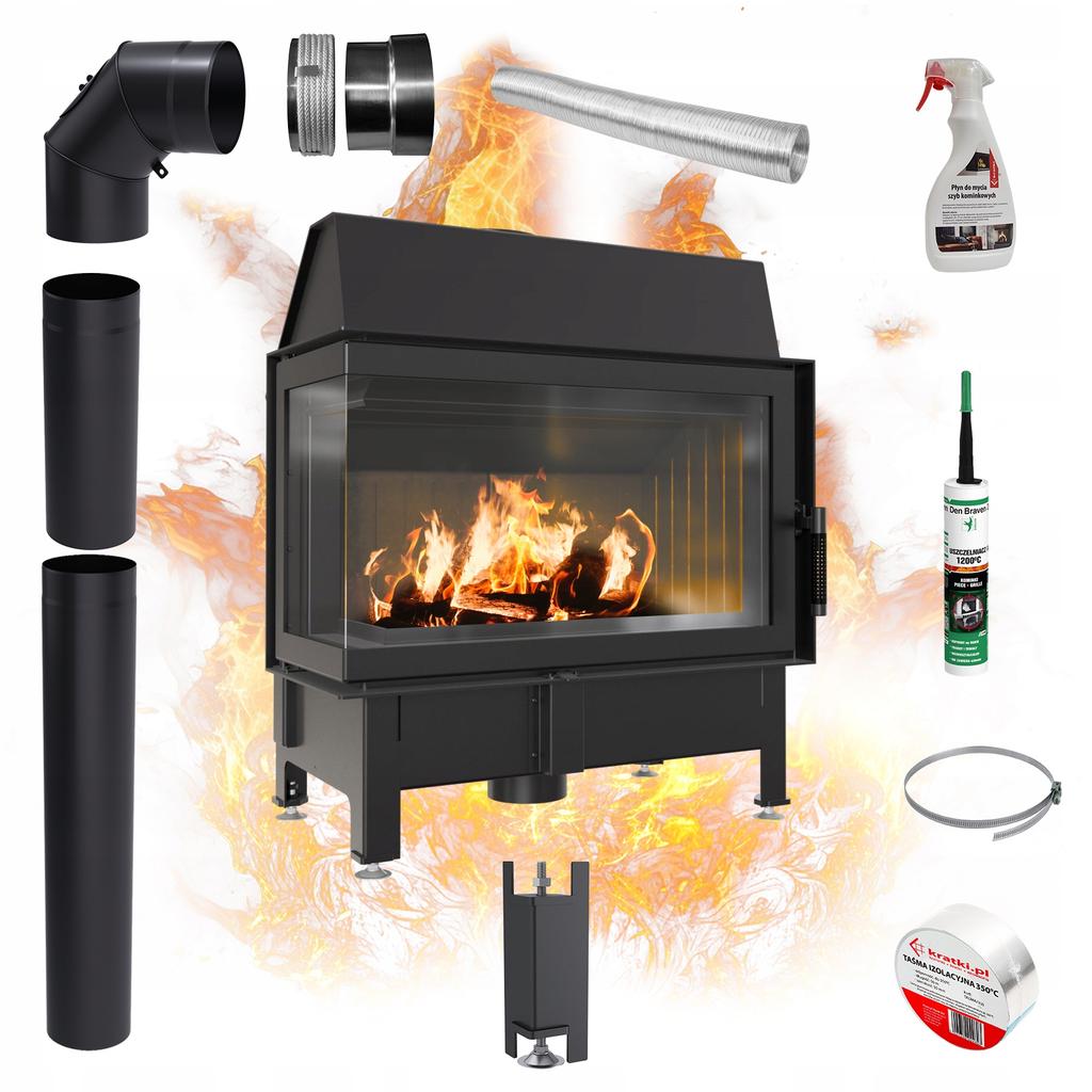 Угловая каминная вставка KRATKI ZIBI 12 кВт Ø180 левая черная входная часть SET