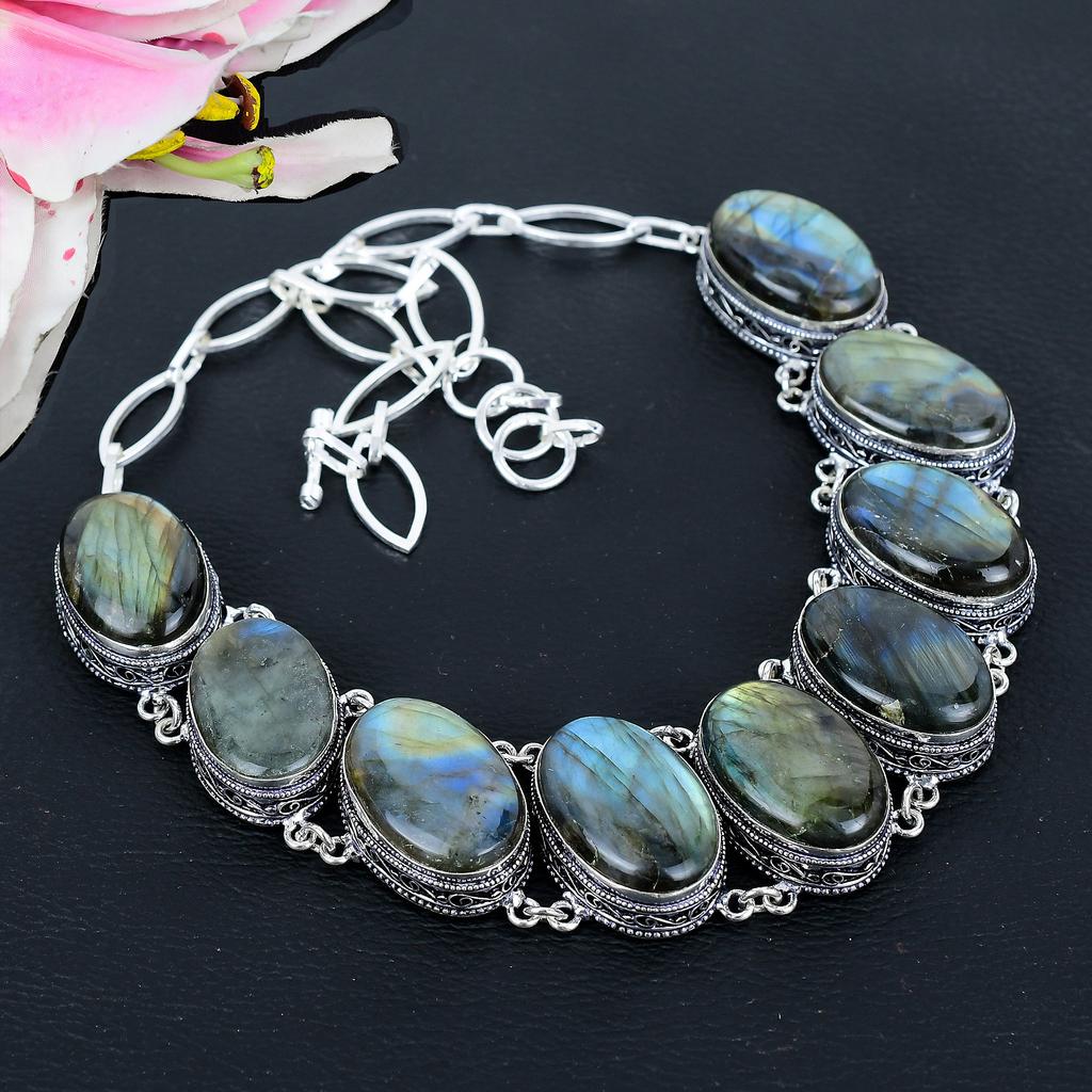Labradorite Gemstone Handmade 925 Sterling Silver Jewelry Necklace 18" KG-1630