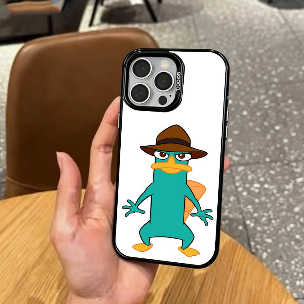 cute Cartoon P-Perry The P-Platypus Phone Case For iPhone17,16,15,14,13,12,11 Plus,Pro Max Colored Silver Plated Inside Cover