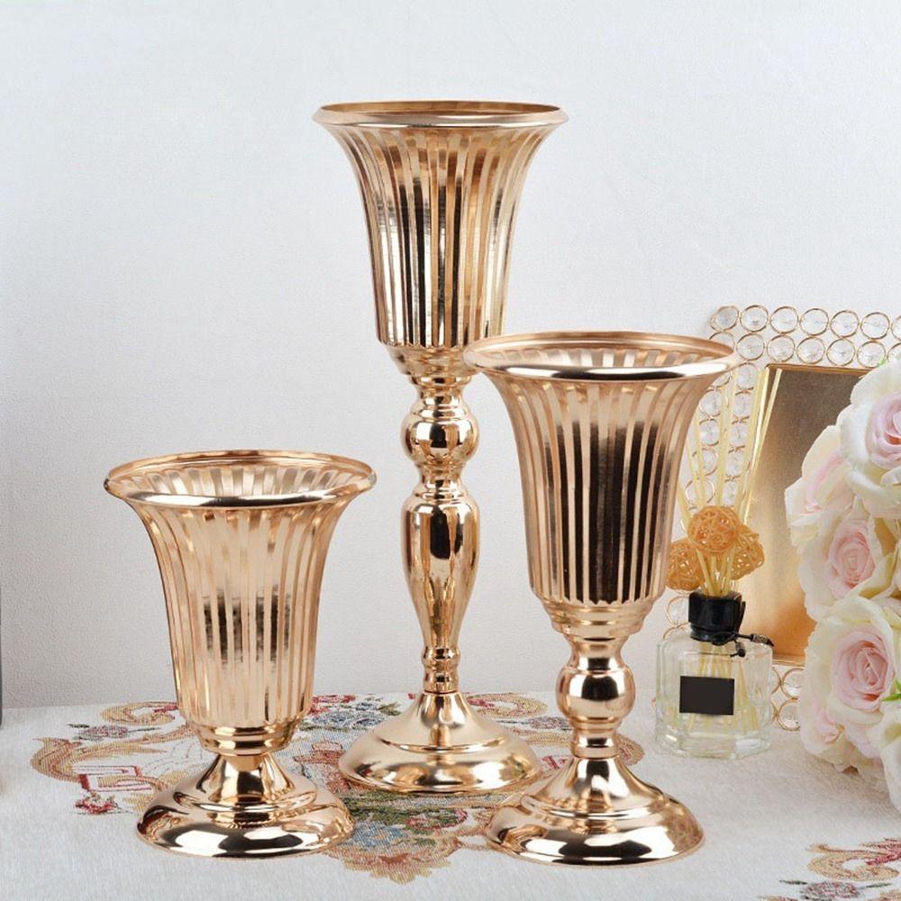 European Style Wedding Flower Vase Golden Dried Flower Pot Metal Trumpet Vases Living Room