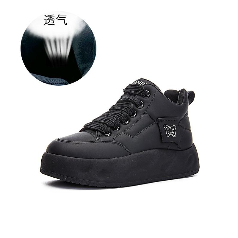 Leather Little White Shoes Women's 2025 Spring Platform Bread Shoes Casual Versatile High-top Women's Shoes Fashion Heightening Board Shoes Women