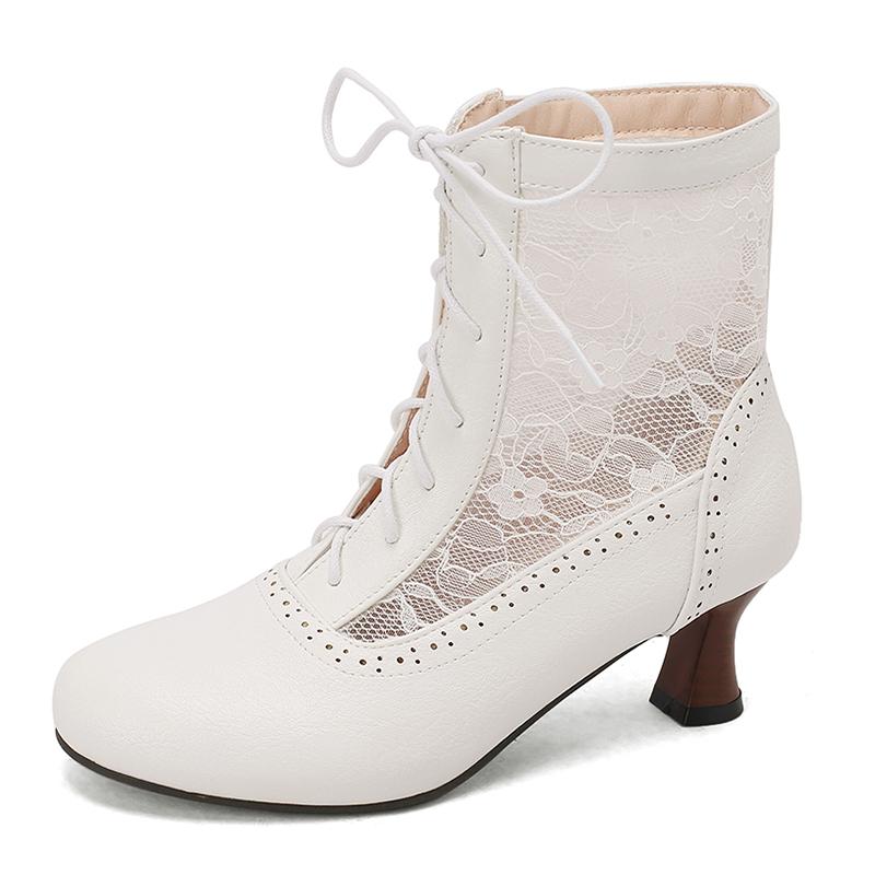 Ретро Косплей Летние Ботинки Женские Лоскутные Сетчатые Туфли Весна Кожа Виктория Массивный Каблук-рюмочка