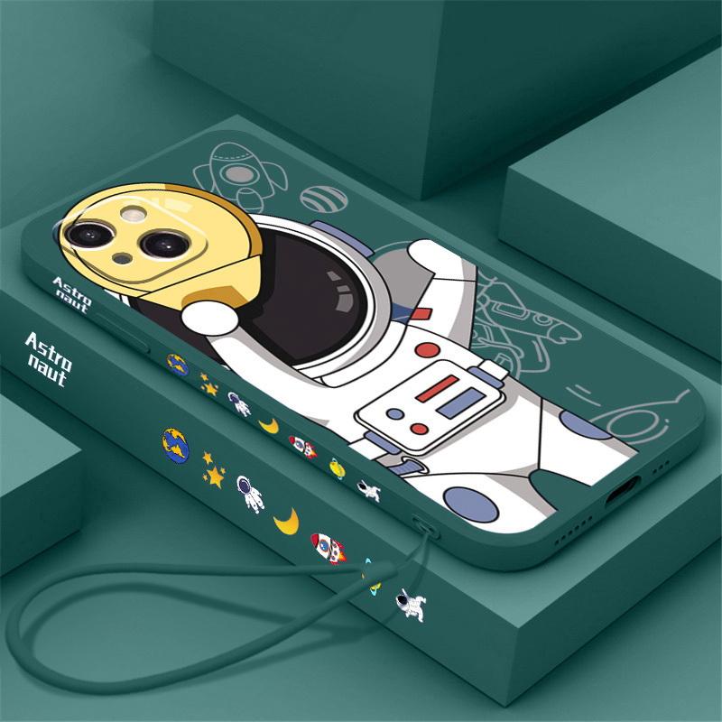 Для iPhone 16 Pro 15 14 Pro Max 13 12 Pro Max 12 11 XR XS 8 7 Astronaut Lanyard силиконовый мягкий чехол