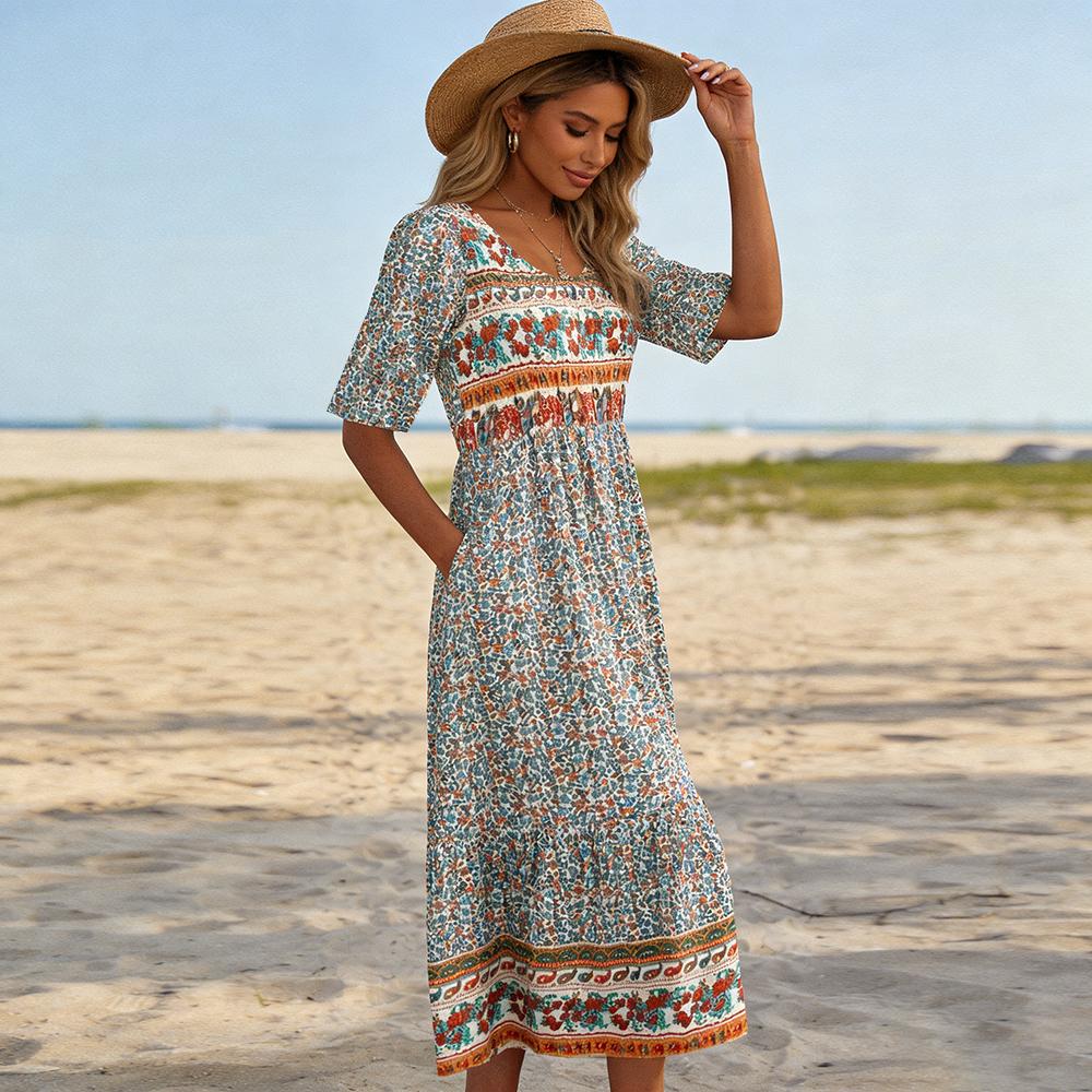 Женское богемное платье-миди с принтом, с коротким рукавом, свободного кроя, элегантное, для улицы, на каждый день