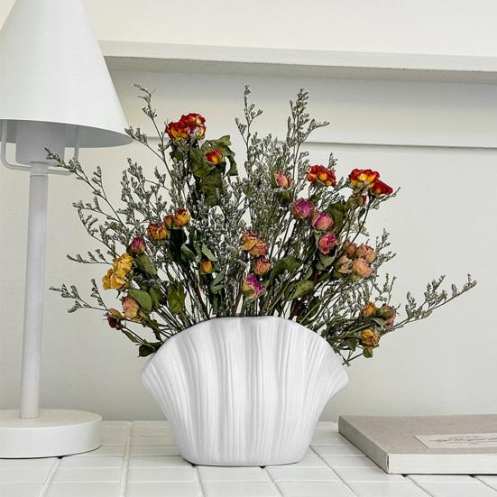 White Vinyl Shell Flower Vase Modern Pleated Flower Holder Container Home Office Table Centerpiece