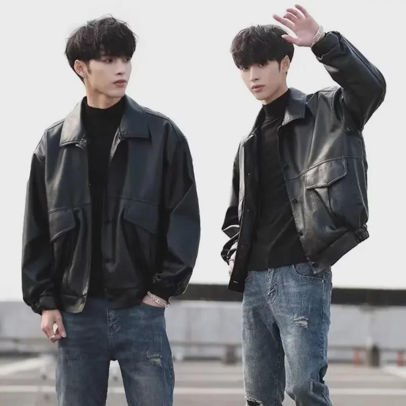 Мужская свободная кожаная мотоциклетная куртка в корейском стиле - пилотный дизайн для весны и осени