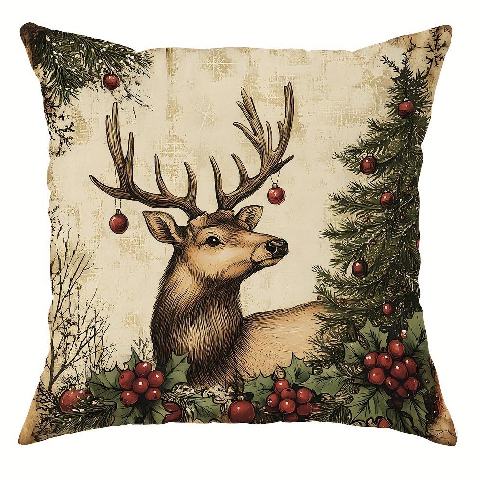 Christmas Decoration Pillowcase Retro Style Fawn Snowman Santa Claus Little Girl Pattern Suitable for Home Sofa Cushion Cover