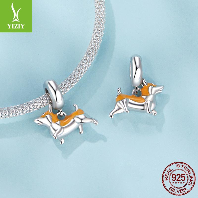 S925 Стерлинговое серебро Милый питомец Щенок Корги Подвеска Сделай сам Ожерелье Браслет Бусины Мода Свободная бусина Аксессуары