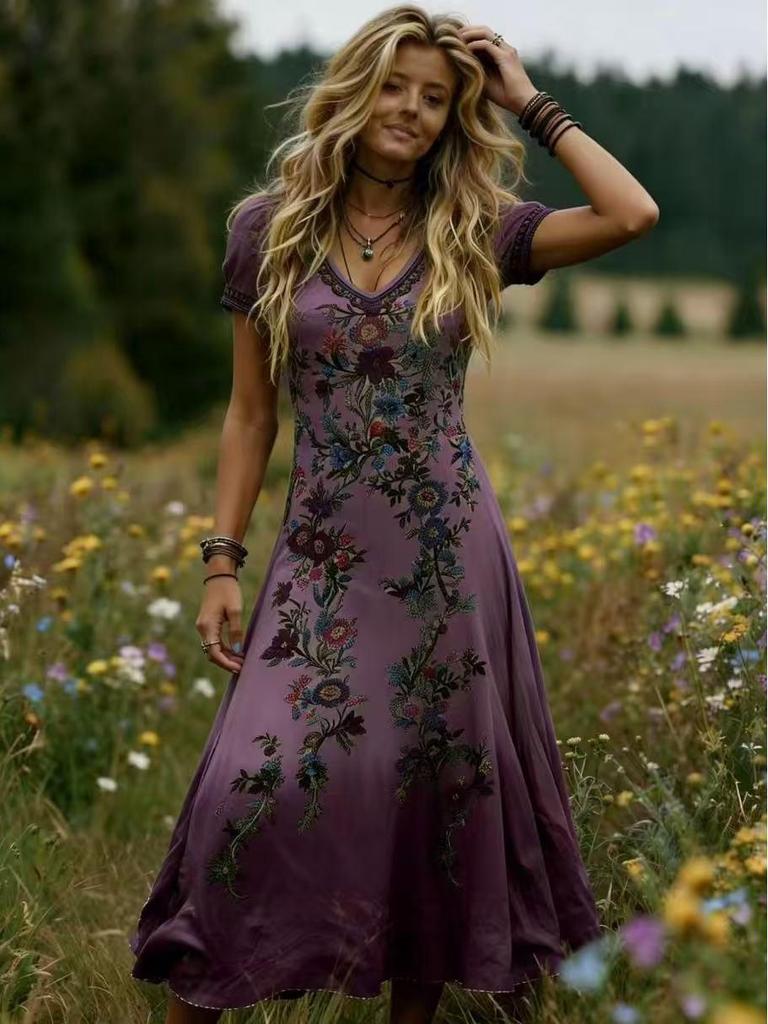 Bohemian V-Neck Floral Gradient Long Dress for Women - 2026 Edition