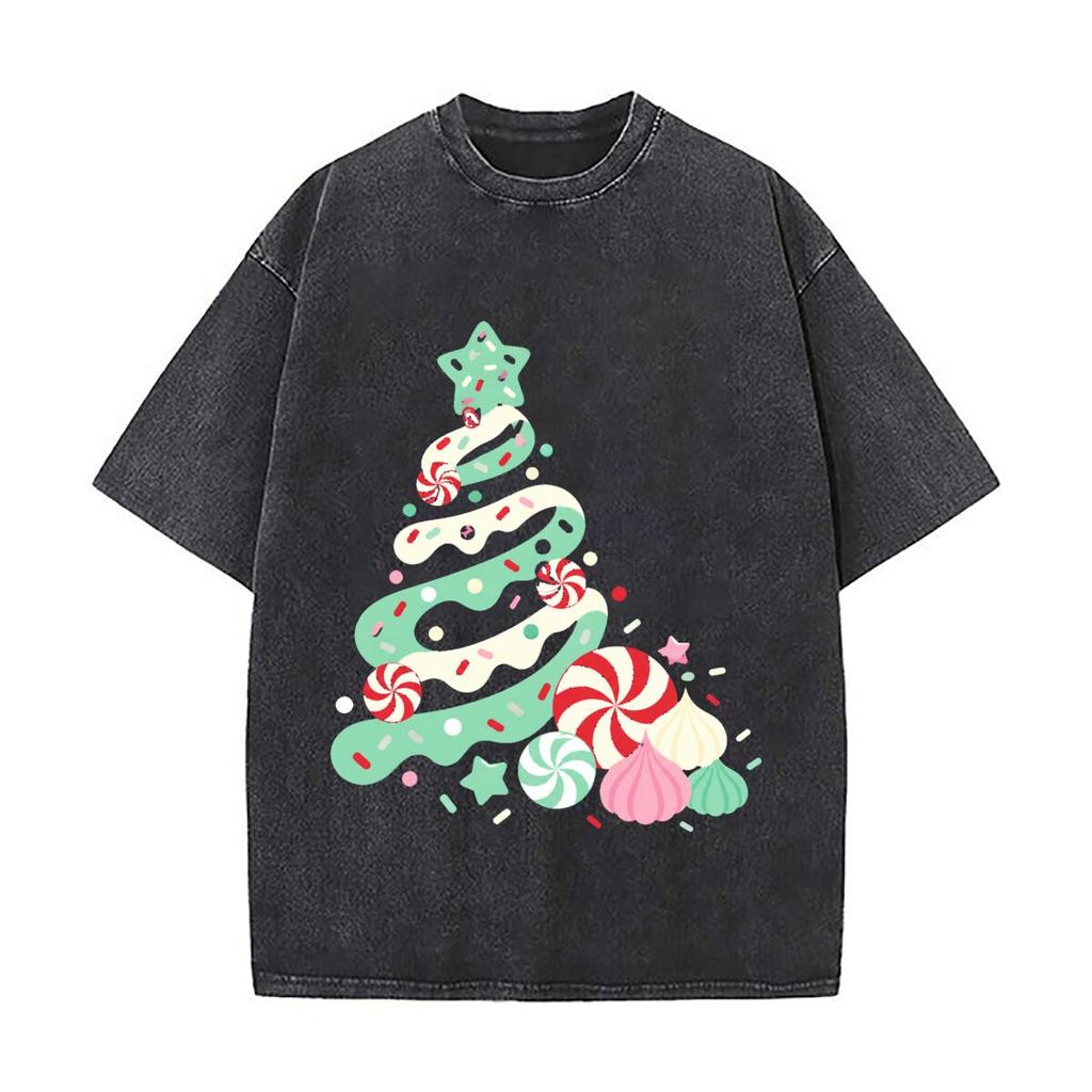 Festive Sweet Tree Sprinkle Swirl Gr Daily Commute Vintage Distressed T Shirt Loose Washed Sleeve
