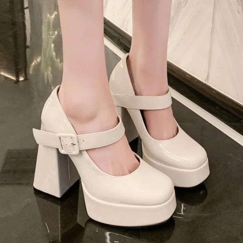 Модная обувь для женщин 2024 года, модные женские туфли-лодочки с квадратным носком, осенние туфли Мэри Джейн с мелкой пряжкой, однотонные туфли для вечеринок на массивном каблуке