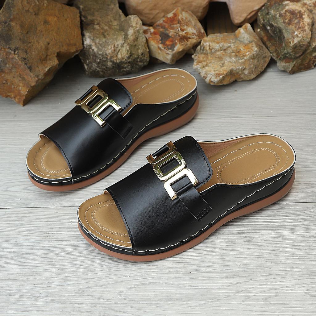 Women's Wide Width Solid Color Slides, Round Toe Chain Detail Mules, European Casual Sandals for Women