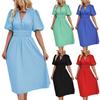 Women's Fashionable Solid Color V-neck Bubble Short-Sleeved Temperament Pleated High Waisted Party Dress