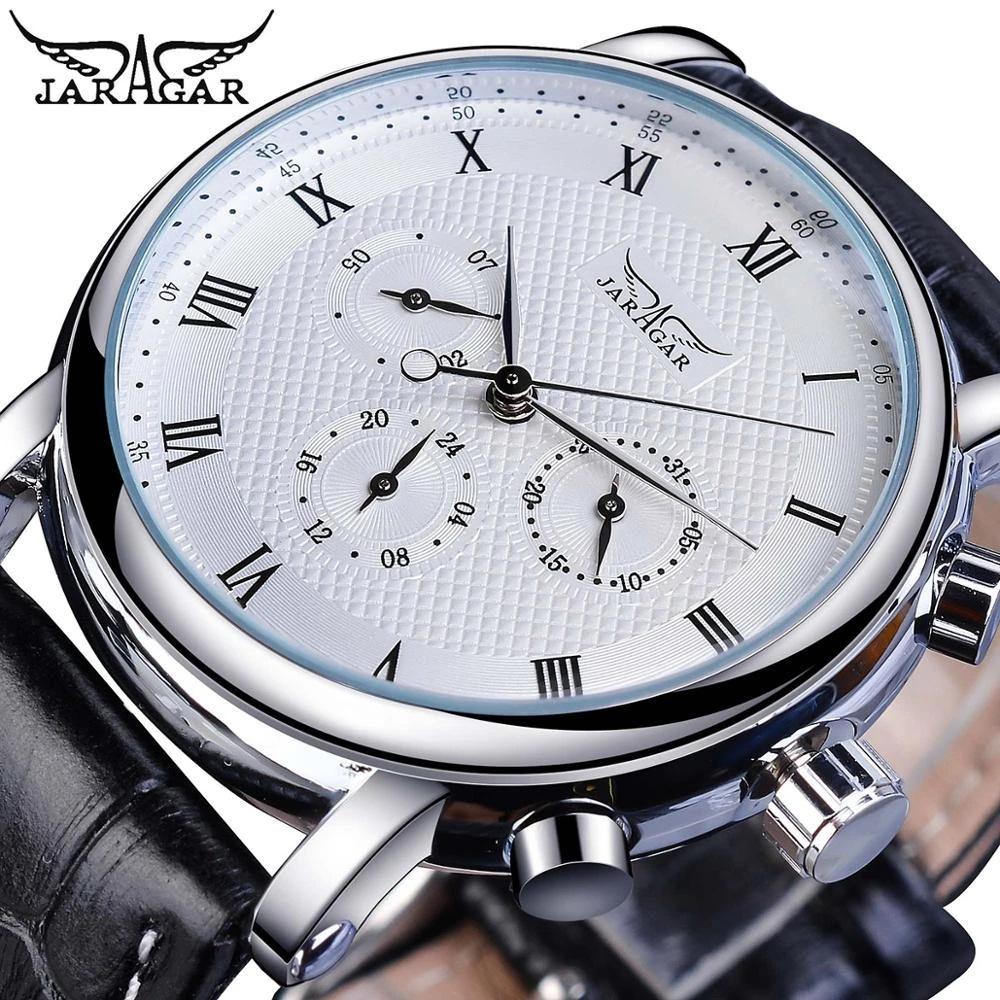 Men's Jaragar Automatic Mechanical Watch with Roman Numerals Dial Week & Date Display Three Hand Six Needle Design Classic Style