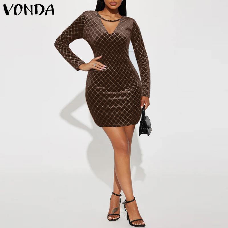 VONDA Женская мода однотонные платья с V-образным вырезом и длинными рукавами