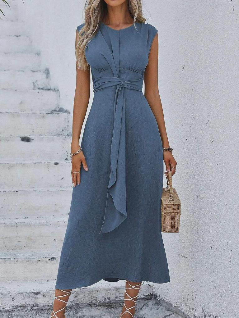 Женское однотонное платье без рукавов с ремешком на талии, лето 2024 г.