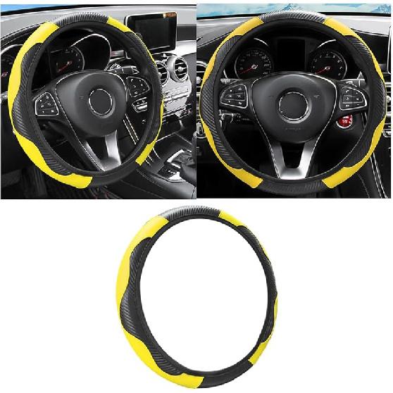 Car Steering Wheel Cover, 15 Inch Carbon Fiber Microfiber PU Leather Elastic Steering Wheel Protector For Men Women, Anti-Slip Breathable Car