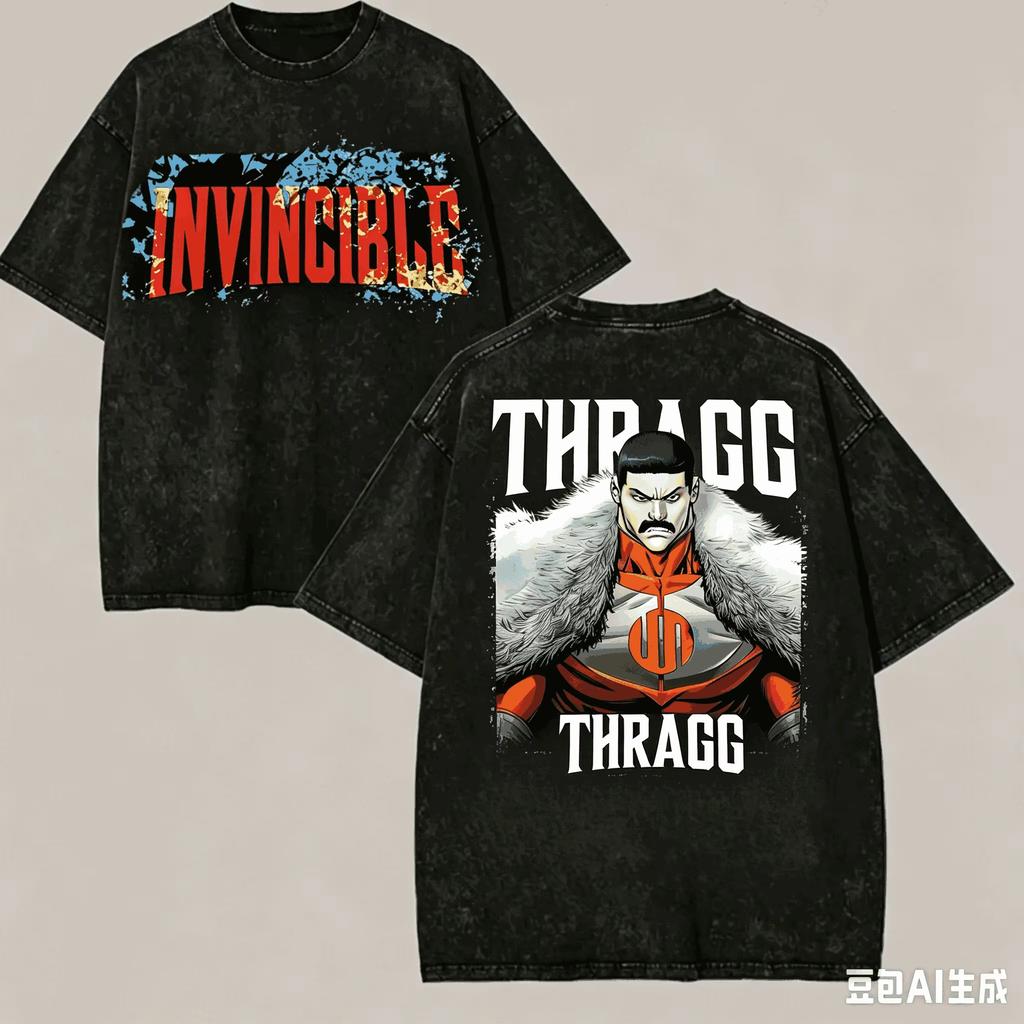 Винтажная стираная футболка с принтом Invincible Thragg, хлопок, короткий рукав, оверсайз, свободная, унисекс, супергерой, комикс, уличная одежда, топ