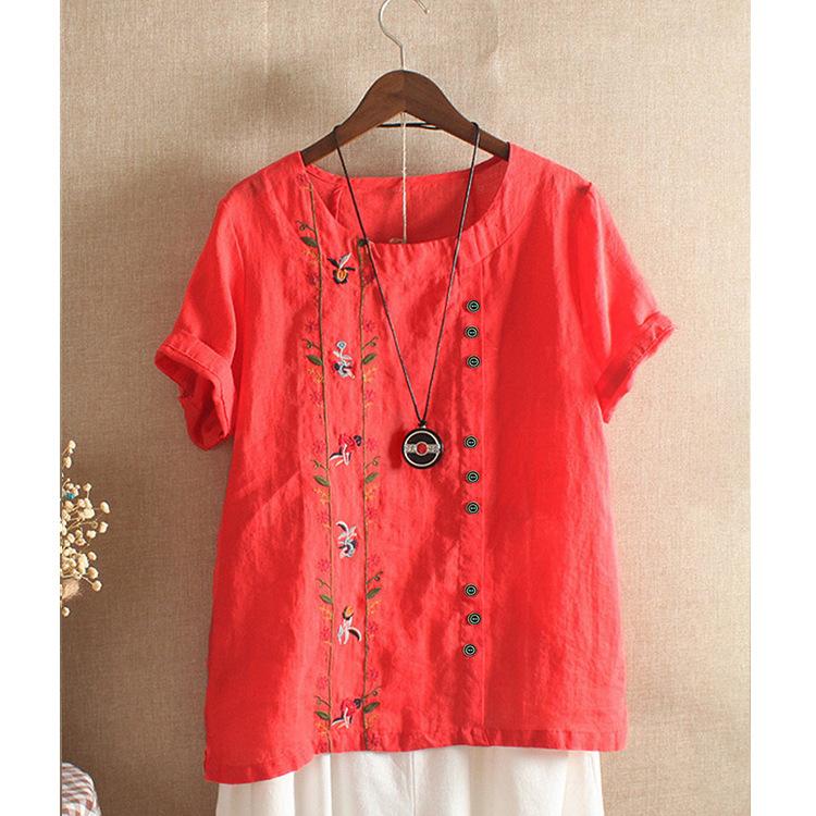Женская футболка большого размера, хлопково-льняная блузка с вышивкой, футболки с короткими рукавами и пуговицами, летний топ, одежда для мам
