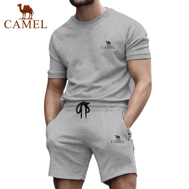 Camel Short Sleeved Men's Summer Casual Fashion Solid Color Two-piece Sports Suit Trendy Quarter Pants