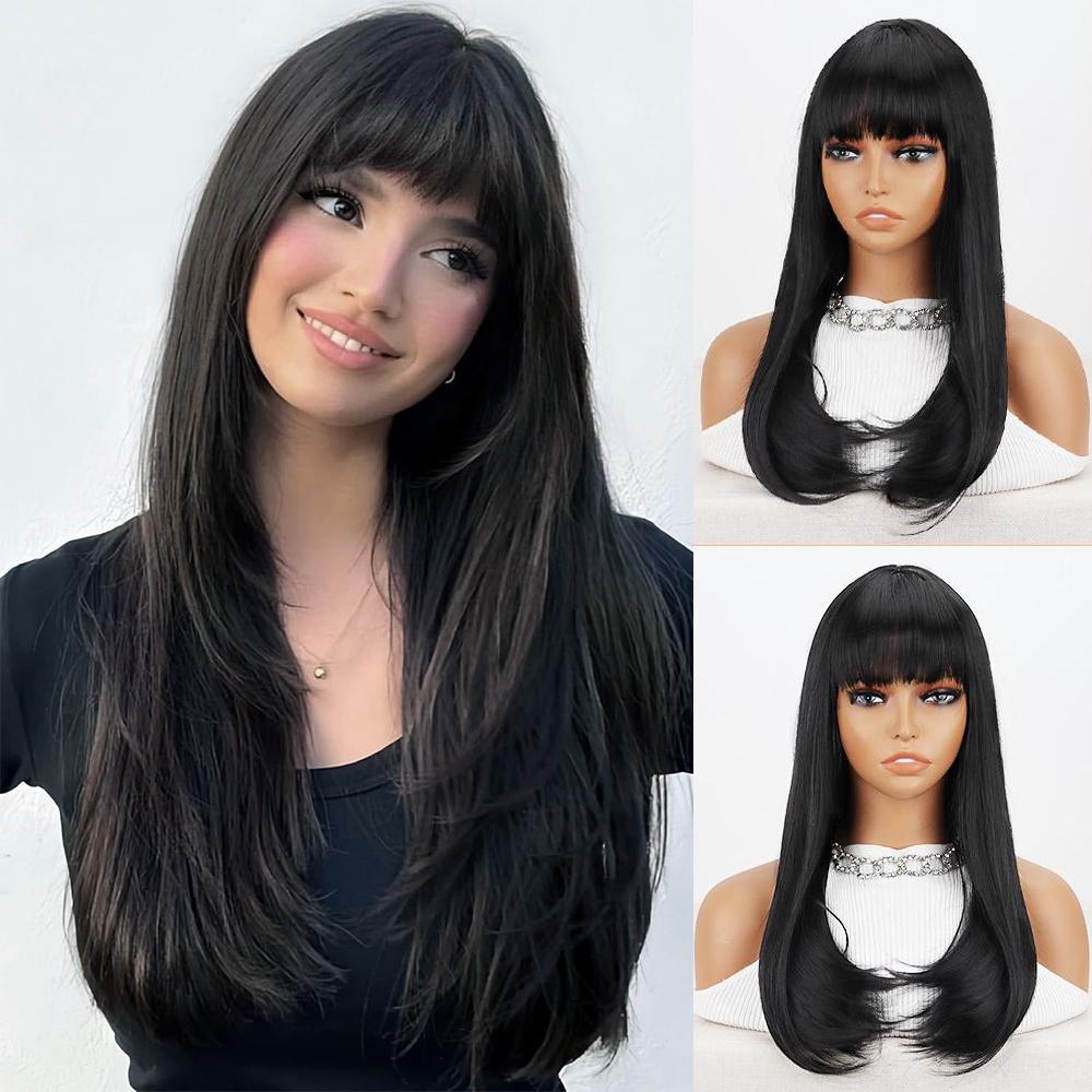 MISSQUEEN Синтетический длинный прямой парик с челкой, многослойные обычные парики, термостойкие парики, естественный вид для женщин, ежедневное использование