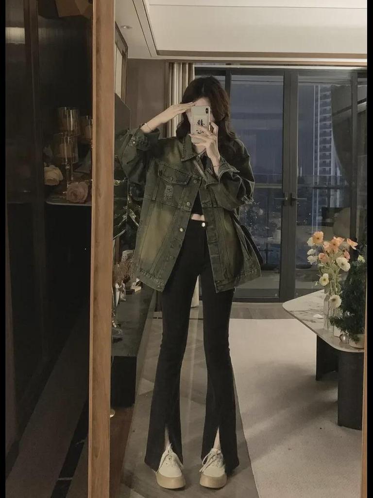 Женская джинсовая куртка в стиле ретро с потертостями и рваными краями — новинка 2024 года в корейском стиле, свободная модель с длинными рукавами для весны и осени